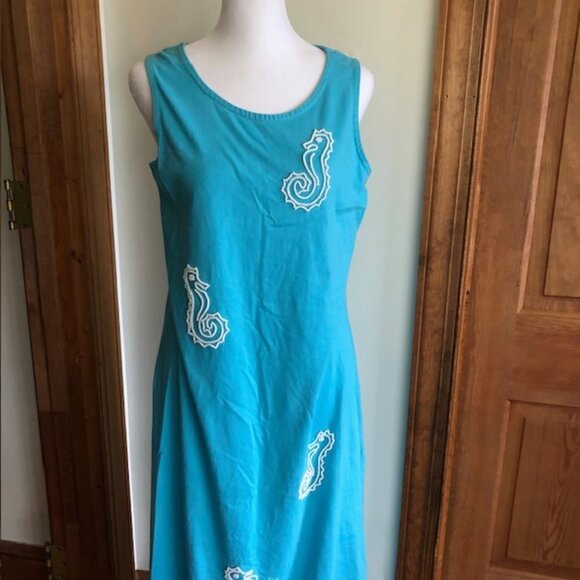 SUSAN BRISTOL Beaded Seahorse Turquoise Sleeveless Maxi Dress Vintage M - Picture 4 of 15